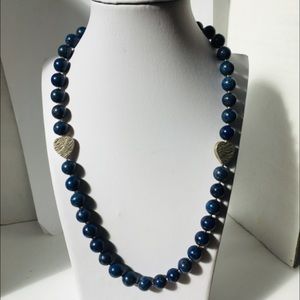 Lapis 12m Bead Necklace w/ Sterling Silver Hearts